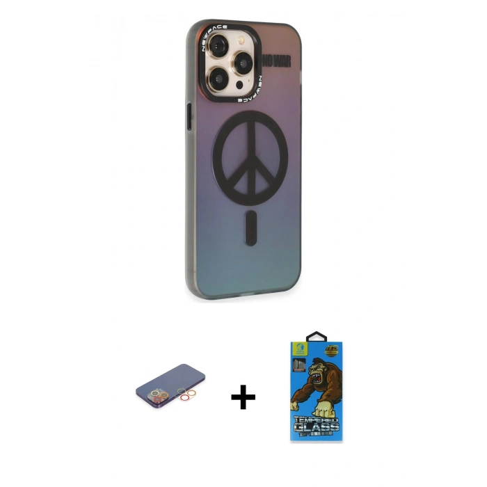 MARSİLYAN™- iPhone 13 Pro Max Kılıf Siluet Modern Koleksiyonu - Siyah 18D Cam Ekran Koruyucu + Turuncu Renkli Kamera Lens Koruma Cam