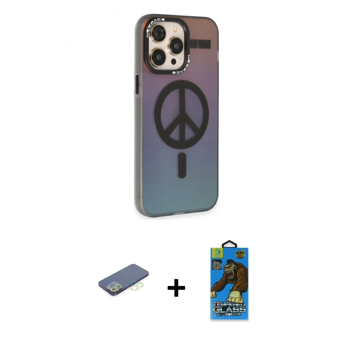 MARSİLYAN™- iPhone 13 Pro Max Kılıf Siluet Modern Koleksiyonu - Siyah 18D Cam Ekran Koruyucu + Yeşil Renkli Kamera Lens Koruma Cam