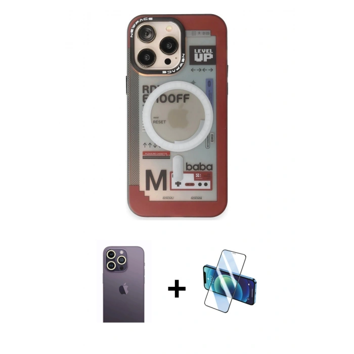 MARSİLYAN™- iPhone 13 Pro Max Kılıf Siluet Modern Koleksiyonu - Siyah 3D Antistatik Cam Ekran Koruyucu + Neon Fosforlu Kamera Lens - BZ