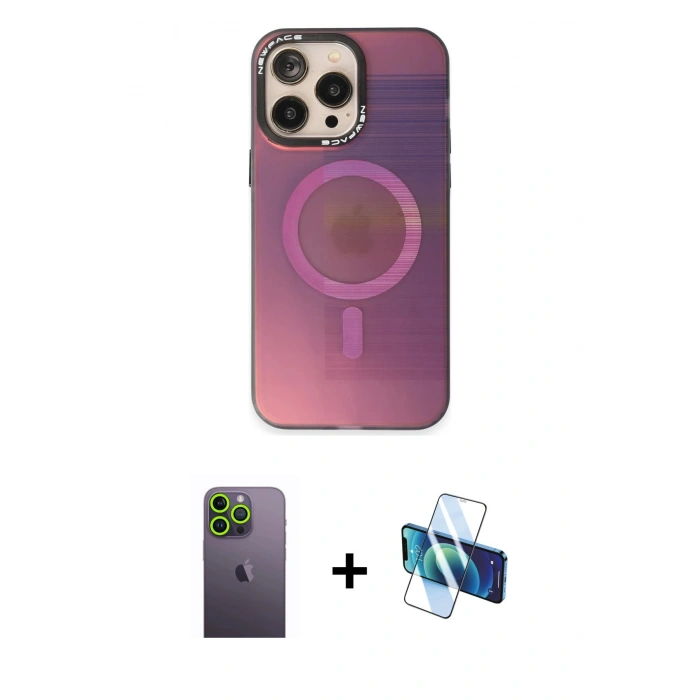 MARSİLYAN™- iPhone 13 Pro Max Kılıf Siluet Modern Koleksiyonu - Siyah 3D Antistatik Cam Ekran Koruyucu + Neon Fosforlu Kamera Lens - YL