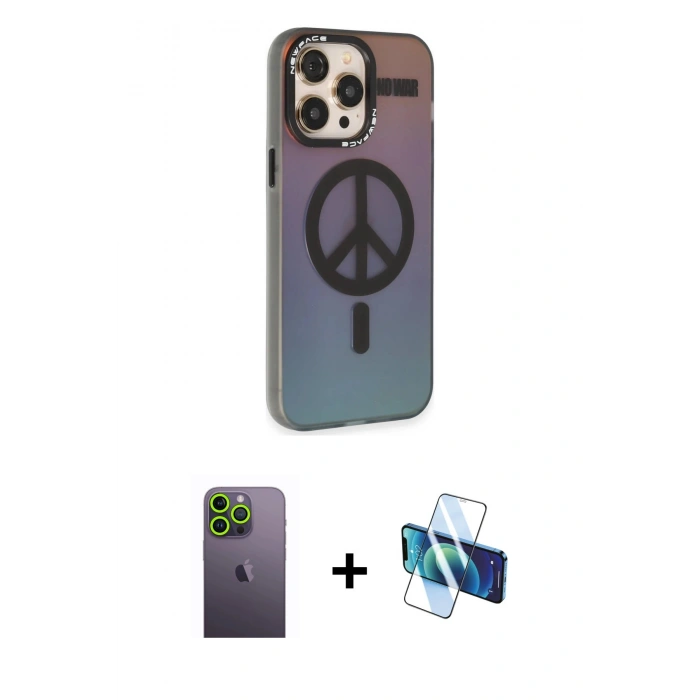 MARSİLYAN™- iPhone 13 Pro Max Kılıf Siluet Modern Koleksiyonu - Siyah 3D Antistatik Cam Ekran Koruyucu + Neon Fosforlu Kamera Lens - YL