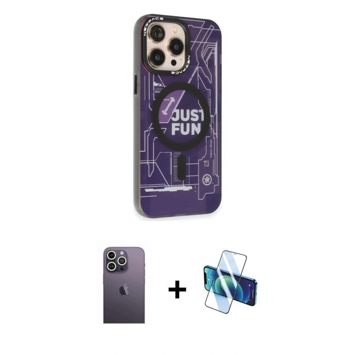 MARSİLYAN™- iPhone 13 Pro Max Kılıf Siluet Modern Koleksiyonu - Siyah 3D Antistatik Cam Ekran Koruyucu + Neon Fosforlu Kamera Lens - BZ