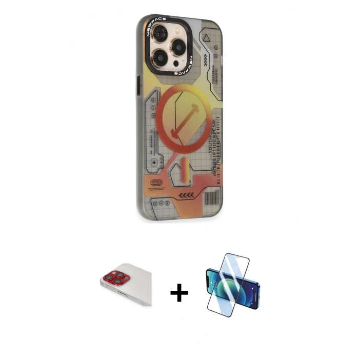 MARSİLYAN™- iPhone 13 Pro Max Kılıf Siluet Modern Koleksiyonu - Siyah 3D Antistatik Cam Ekran Koruyucu + Pers Alüminyum Kamera Lens - KI