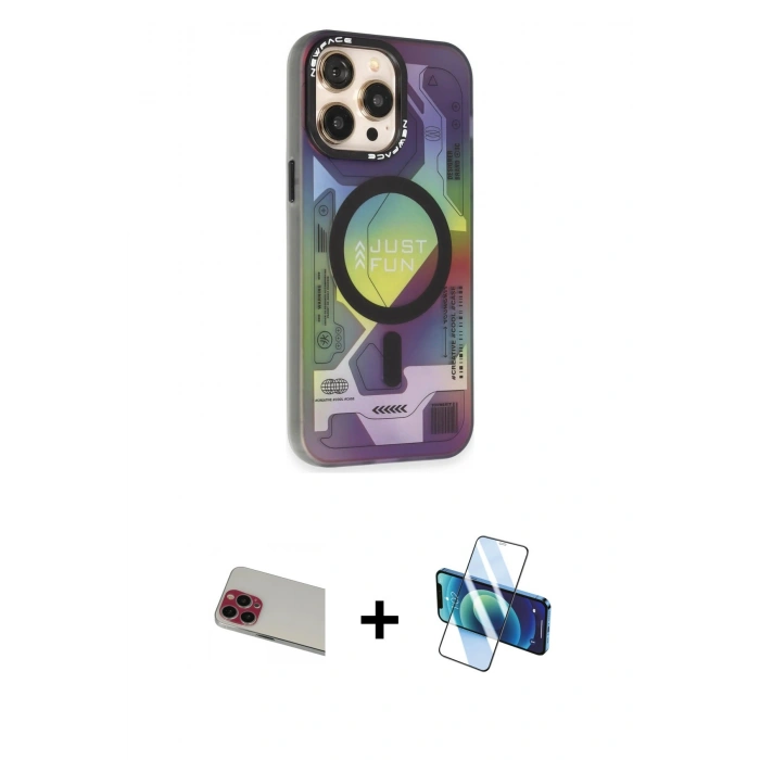MARSİLYAN™- iPhone 13 Pro Max Kılıf Siluet Modern Koleksiyonu - Siyah 3D Antistatik Cam Ekran Koruyucu + Rainbow Kamera Lens Koruma Cam - KI