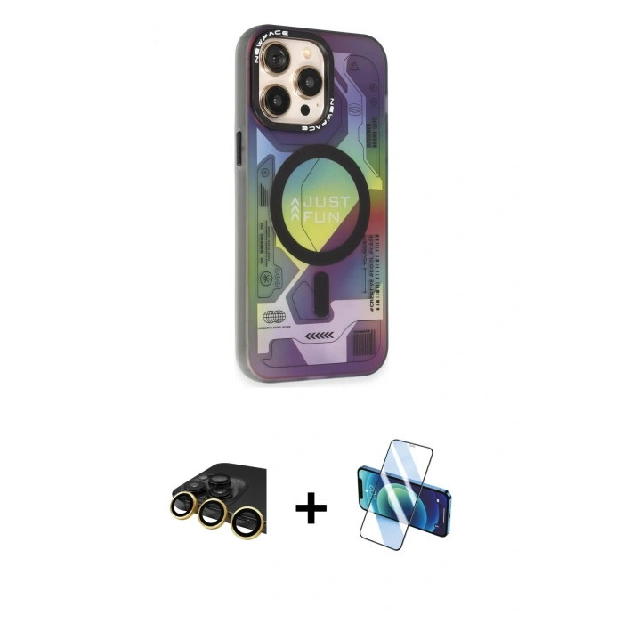 MARSİLYAN™- iPhone 13 Pro Max Kılıf Siluet Modern Koleksiyonu - Siyah 3D Antistatik Cam Ekran Koruyucu + Raze Metal Kamera Lens - GD