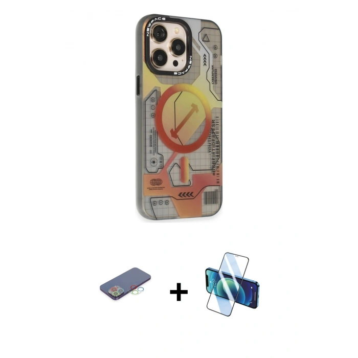 MARSİLYAN™- iPhone 13 Pro Max Kılıf Siluet Modern Koleksiyonu - Siyah 3D Antistatik Cam Ekran Koruyucu + Renkli Kamera Lens Koruma Cam - MI