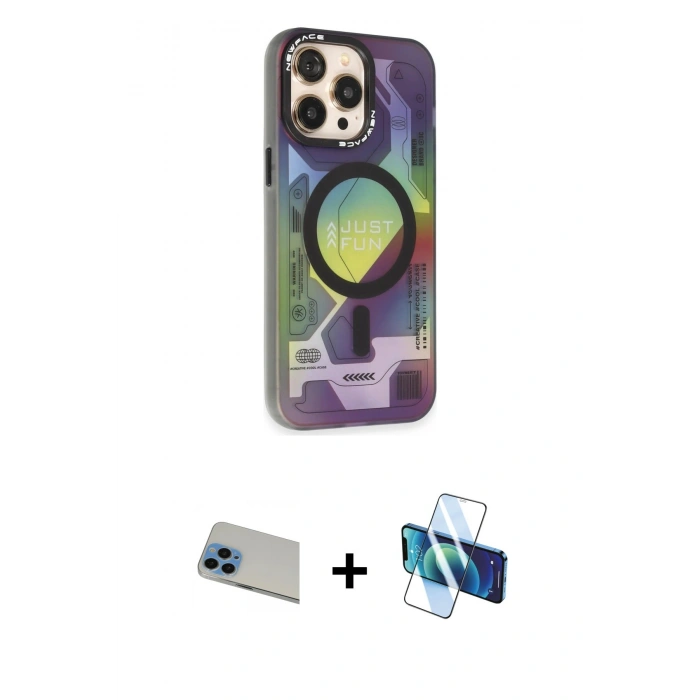 MARSİLYAN™- iPhone 13 Pro Max Kılıf Siluet Modern Koleksiyonu - Siyah 3D Antistatik Cam Ekran Koruyucu + Rainbow Kamera Lens Koruma Cam - MI