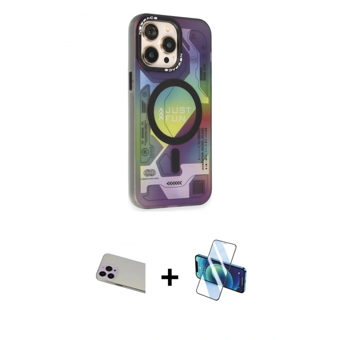 MARSİLYAN™- iPhone 13 Pro Max Kılıf Siluet Modern Koleksiyonu - Siyah 3D Antistatik Cam Ekran Koruyucu + Rainbow Kamera Lens Koruma Cam - MR
