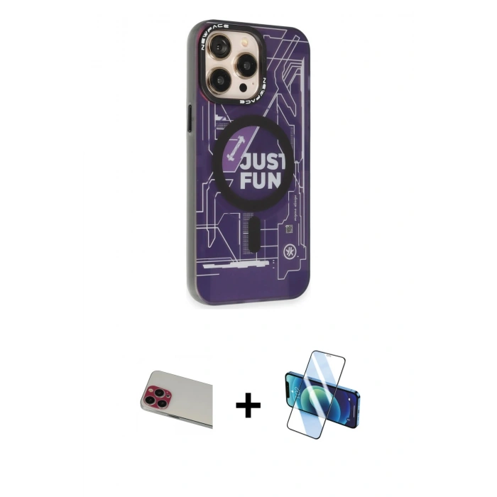 MARSİLYAN™- iPhone 13 Pro Max Kılıf Siluet Modern Koleksiyonu - Siyah 3D Antistatik Cam Ekran Koruyucu + Rainbow Kamera Lens Koruma Cam - KI