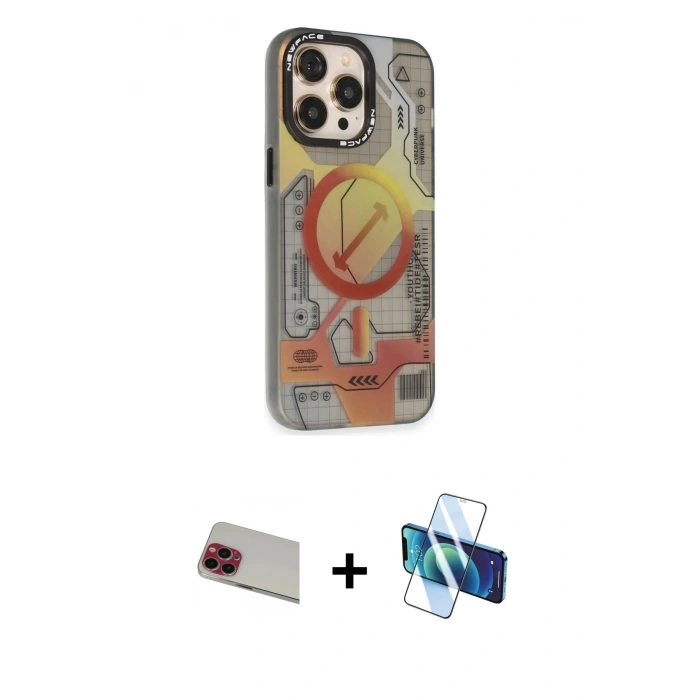 MARSİLYAN™- iPhone 13 Pro Max Kılıf Siluet Modern Koleksiyonu - Siyah 3D Antistatik Cam Ekran Koruyucu + Rainbow Kamera Lens Koruma Cam - KI