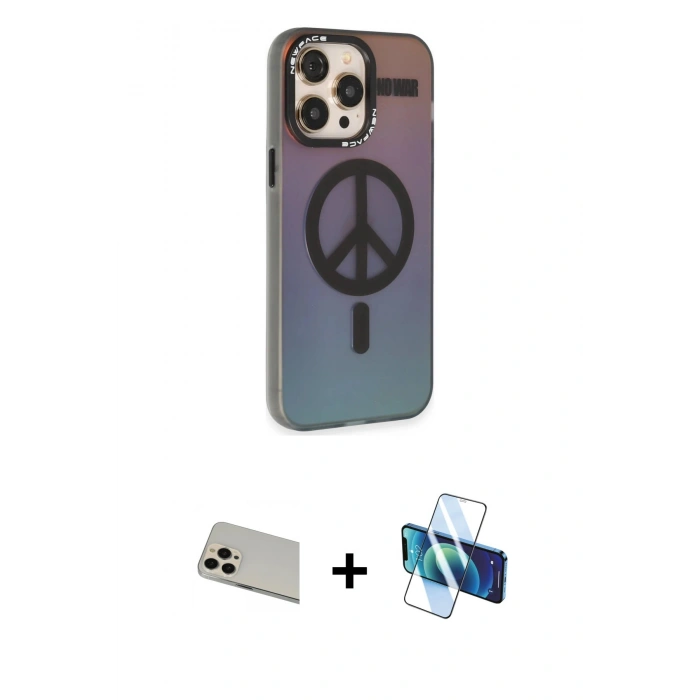 MARSİLYAN™- iPhone 13 Pro Max Kılıf Siluet Modern Koleksiyonu - Siyah 3D Antistatik Cam Ekran Koruyucu + Rainbow Kamera Lens Koruma Cam - REGD