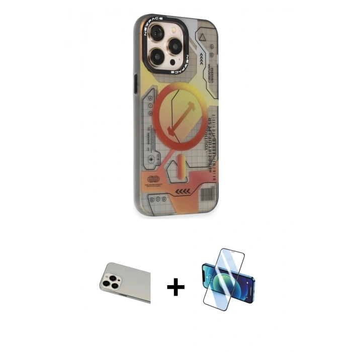 MARSİLYAN™- iPhone 13 Pro Max Kılıf Siluet Modern Koleksiyonu - Siyah 3D Antistatik Cam Ekran Koruyucu + Rainbow Kamera Lens Koruma Cam - BZ