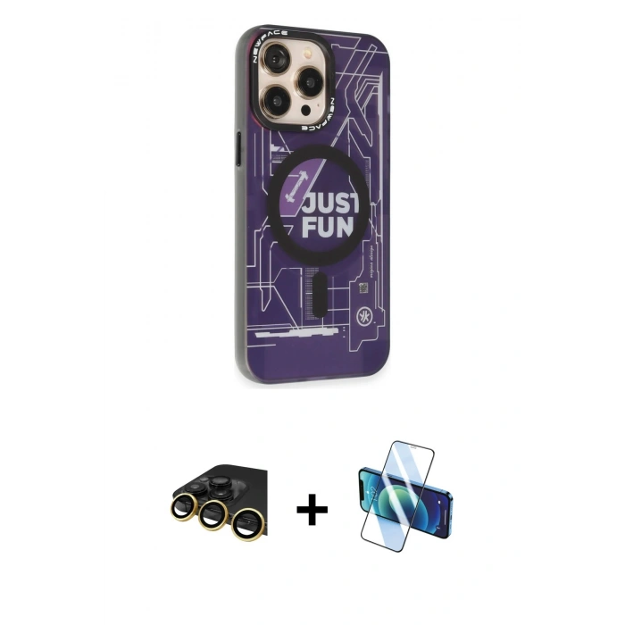 MARSİLYAN™- iPhone 13 Pro Max Kılıf Siluet Modern Koleksiyonu - Siyah 3D Antistatik Cam Ekran Koruyucu + Raze Metal Kamera Lens - GD