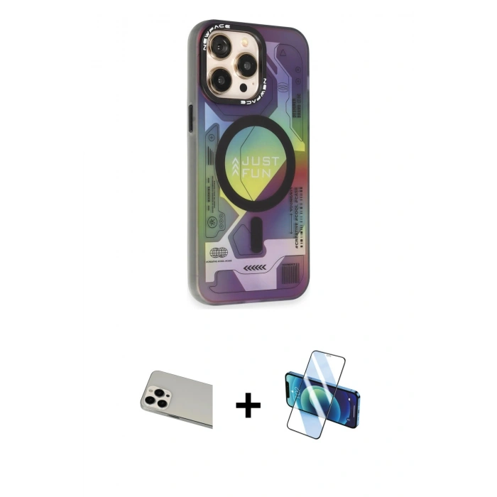 MARSİLYAN™- iPhone 13 Pro Max Kılıf Siluet Modern Koleksiyonu - Siyah 3D Antistatik Cam Ekran Koruyucu + Rainbow Kamera Lens Koruma Cam - BZ