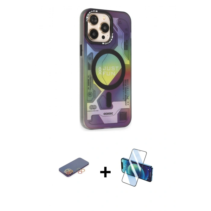 MARSİLYAN™- iPhone 13 Pro Max Kılıf Siluet Modern Koleksiyonu - Siyah 3D Antistatik Cam Ekran Koruyucu + Renkli Kamera Lens Koruma Cam - TU