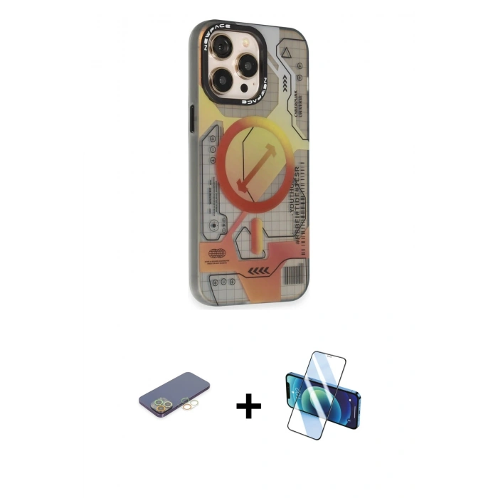 MARSİLYAN™- iPhone 13 Pro Max Kılıf Siluet Modern Koleksiyonu - Siyah 3D Antistatik Cam Ekran Koruyucu + Renkli Kamera Lens Koruma Cam - SI