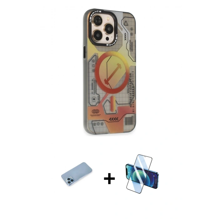 MARSİLYAN™- iPhone 13 Pro Max Kılıf Siluet Modern Koleksiyonu - Siyah 3D Antistatik Cam Ekran Koruyucu + Shine Kamera Lens Koruma Cam - MI