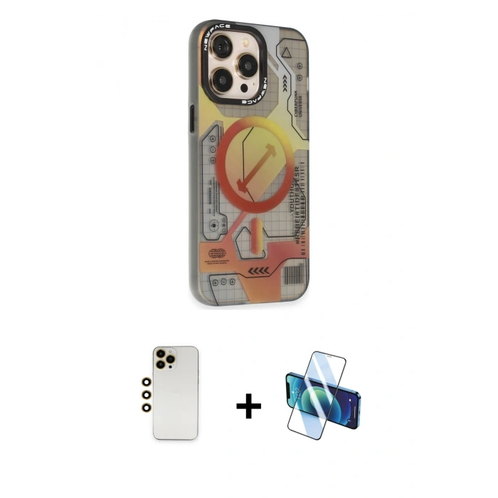 MARSİLYAN™- iPhone 13 Pro Max Kılıf Siluet Modern Koleksiyonu - Siyah 3D Antistatik Cam Ekran Koruyucu + Shine Kamera Lens - GD