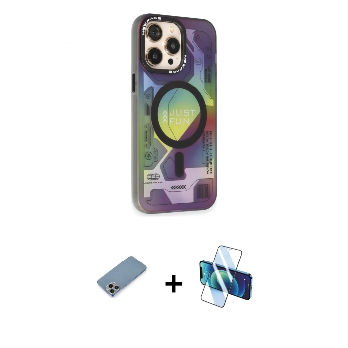 MARSİLYAN™- iPhone 13 Pro Max Kılıf Siluet Modern Koleksiyonu - Siyah 3D Antistatik Cam Ekran Koruyucu + Shine Kamera Lens Koruma Cam - GI