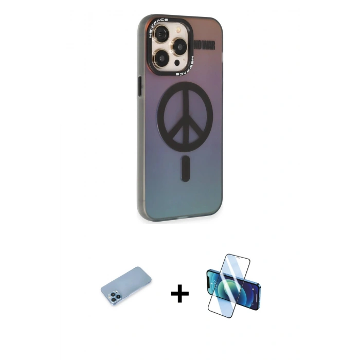 MARSİLYAN™- iPhone 13 Pro Max Kılıf Siluet Modern Koleksiyonu - Siyah 3D Antistatik Cam Ekran Koruyucu + Shine Kamera Lens Koruma Cam - MI