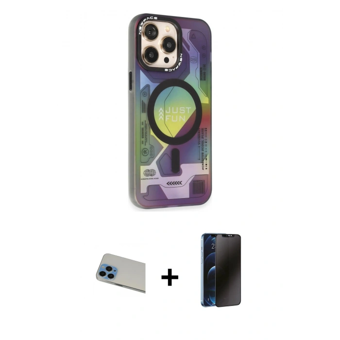 MARSİLYAN™- iPhone 13 Pro Max Kılıf Siluet Modern Koleksiyonu - Siyah 3D Antistatik Hayalet Cam Ekran Koruyucu + Rainbow Kamera Lens Koruma Cam - MI