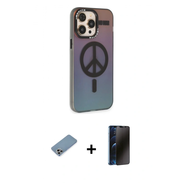 MARSİLYAN™- iPhone 13 Pro Max Kılıf Siluet Modern Koleksiyonu - Siyah 3D Antistatik Hayalet Cam Ekran Koruyucu + Gökkuşağı Shine Kamera Lens Koruma Cam