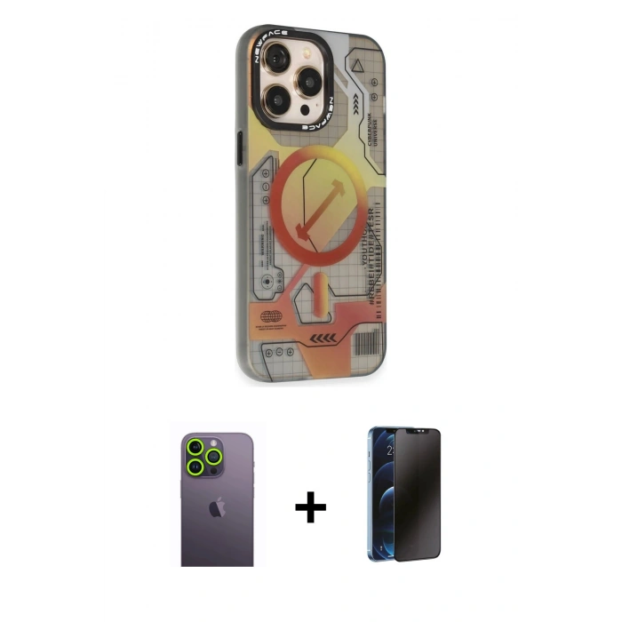 MARSİLYAN™- iPhone 13 Pro Max Kılıf Siluet Modern Koleksiyonu - Siyah 3D Antistatik Hayalet Cam Ekran Koruyucu + Neon Fosforlu Kamera Lens - YL