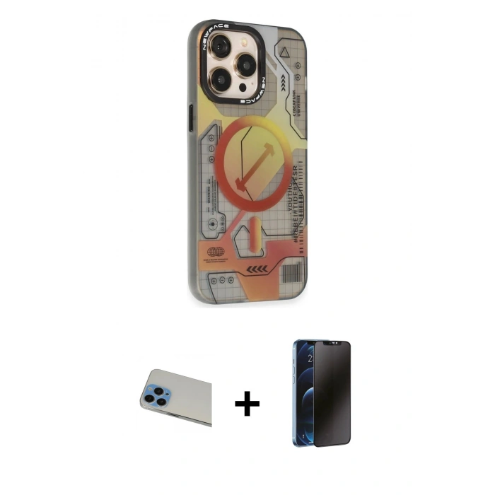 MARSİLYAN™- iPhone 13 Pro Max Kılıf Siluet Modern Koleksiyonu - Siyah 3D Antistatik Hayalet Cam Ekran Koruyucu + Rainbow Kamera Lens Koruma Cam - MI