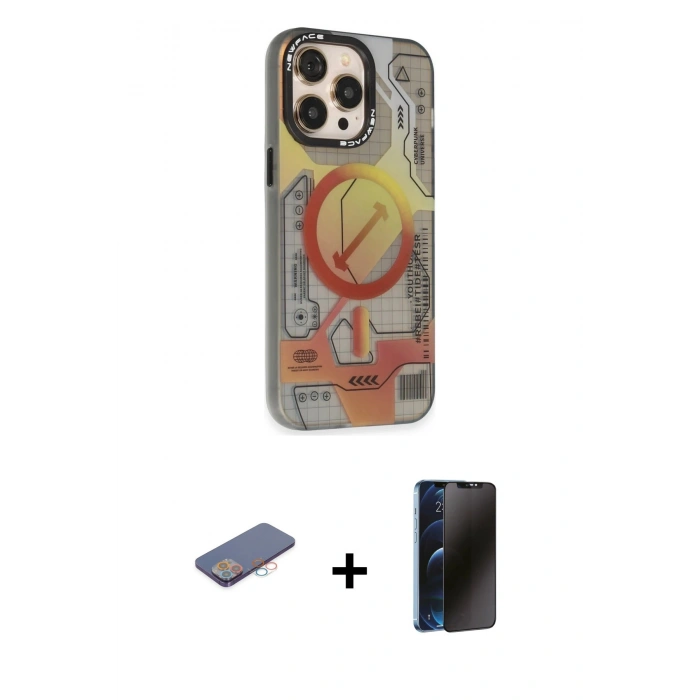 MARSİLYAN™- iPhone 13 Pro Max Kılıf Siluet Modern Koleksiyonu - Siyah 3D Antistatik Hayalet Cam Ekran Koruyucu + Renkli Kamera Lens Koruma Cam - PE