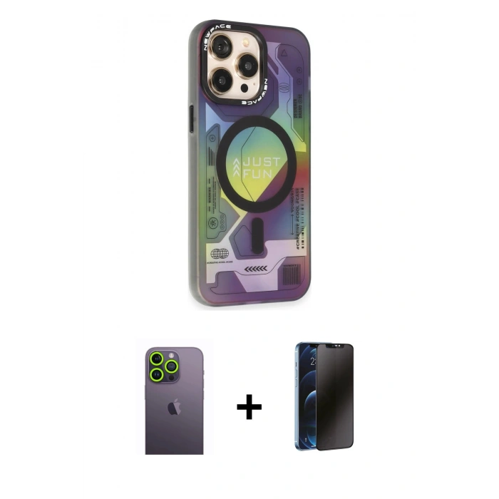 MARSİLYAN™- iPhone 13 Pro Max Kılıf Siluet Modern Koleksiyonu - Siyah 3D Antistatik Hayalet Cam Ekran Koruyucu + Neon Fosforlu Kamera Lens - YL