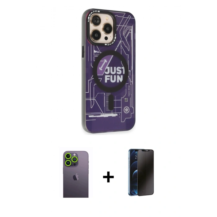 MARSİLYAN™- iPhone 13 Pro Max Kılıf Siluet Modern Koleksiyonu - Siyah 3D Antistatik Hayalet Cam Ekran Koruyucu + Neon Fosforlu Kamera Lens - YL