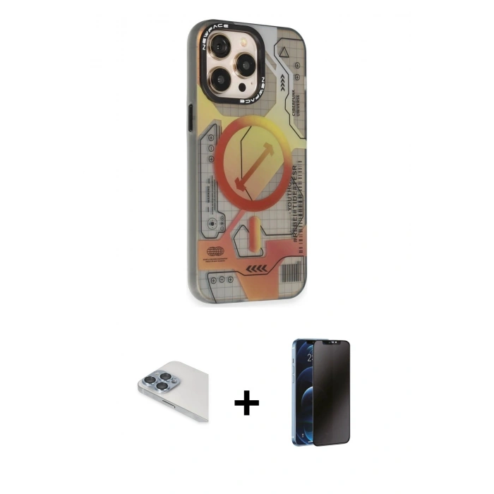 MARSİLYAN™- iPhone 13 Pro Max Kılıf Siluet Modern Koleksiyonu - Siyah 3D Antistatik Hayalet Cam Ekran Koruyucu + Pers Alüminyum Kamera Lens - SABE