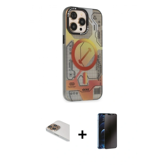 MARSİLYAN™- iPhone 13 Pro Max Kılıf Siluet Modern Koleksiyonu - Siyah 3D Antistatik Hayalet Cam Ekran Koruyucu + Pers Alüminyum Kamera Lens - GD