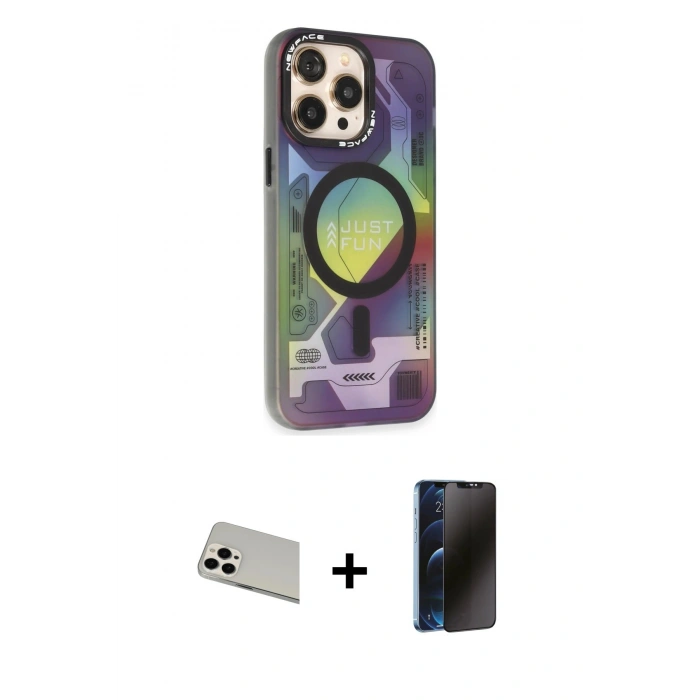 MARSİLYAN™- iPhone 13 Pro Max Kılıf Siluet Modern Koleksiyonu - Siyah 3D Antistatik Hayalet Cam Ekran Koruyucu + Rainbow Kamera Lens Koruma Cam - BZ