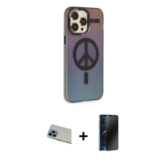 MARSİLYAN™- iPhone 13 Pro Max Kılıf Siluet Modern Koleksiyonu - Siyah 3D Antistatik Hayalet Cam Ekran Koruyucu + Rainbow Kamera Lens Koruma Cam - MI