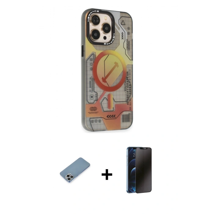 MARSİLYAN™- iPhone 13 Pro Max Kılıf Siluet Modern Koleksiyonu - Siyah 3D Antistatik Hayalet Cam Ekran Koruyucu + Gökkuşağı Shine Kamera Lens Koruma Cam