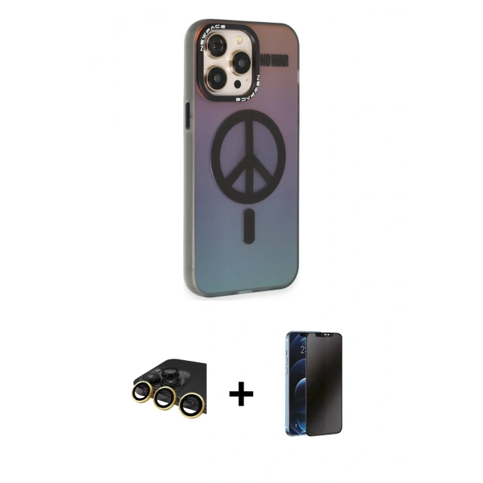 MARSİLYAN™- iPhone 13 Pro Max Kılıf Siluet Modern Koleksiyonu - Siyah 3D Antistatik Hayalet Cam Ekran Koruyucu + Raze Metal Kamera Lens - GD