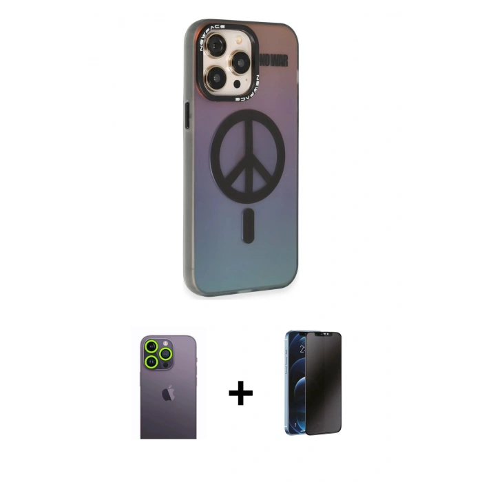 MARSİLYAN™- iPhone 13 Pro Max Kılıf Siluet Modern Koleksiyonu - Siyah 3D Antistatik Hayalet Cam Ekran Koruyucu + Neon Fosforlu Kamera Lens - YL