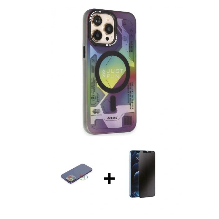 MARSİLYAN™- iPhone 13 Pro Max Kılıf Siluet Modern Koleksiyonu - Siyah 3D Antistatik Hayalet Cam Ekran Koruyucu + Renkli Kamera Lens Koruma Cam - MI
