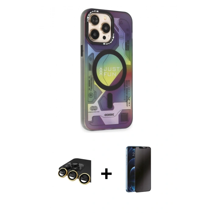 MARSİLYAN™- iPhone 13 Pro Max Kılıf Siluet Modern Koleksiyonu - Siyah 3D Antistatik Hayalet Cam Ekran Koruyucu + Raze Metal Kamera Lens - GD