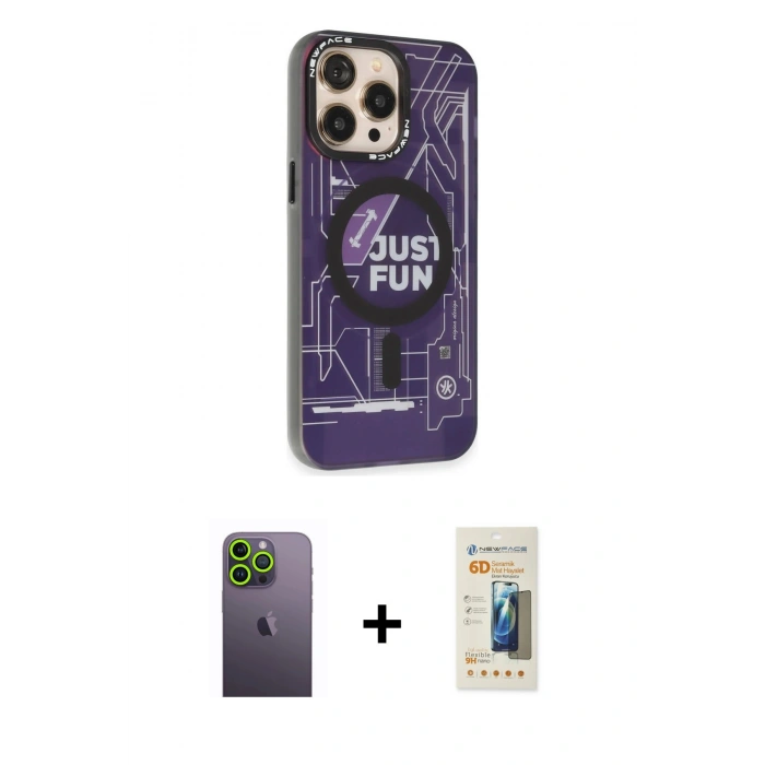 MARSİLYAN™- iPhone 13 Pro Max Kılıf Siluet Modern Koleksiyonu - Siyah 6D Mat Seramik Hayalet Nano Ekran Koruyucu + Neon Fosforlu Kamera Lens - YL