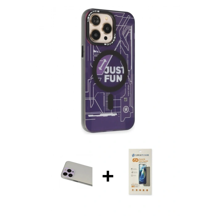 MARSİLYAN™- iPhone 13 Pro Max Kılıf Siluet Modern Koleksiyonu - Siyah 6D Mat Seramik Hayalet Nano Ekran Koruyucu + Mor Rainbow Kamera Lens Koruma Cam
