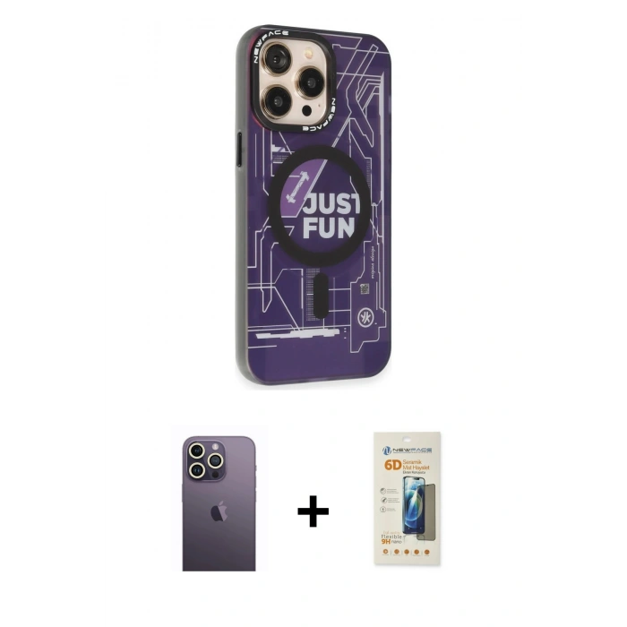 MARSİLYAN™- iPhone 13 Pro Max Kılıf Siluet Modern Koleksiyonu - Siyah 6D Mat Seramik Hayalet Nano Ekran Koruyucu + Neon Fosforlu Kamera Lens - BZ