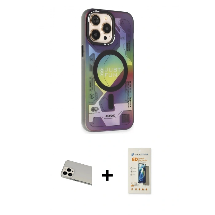 MARSİLYAN™- iPhone 13 Pro Max Kılıf Siluet Modern Koleksiyonu - Siyah 6D Mat Seramik Hayalet Nano Ekran Koruyucu + Rainbow Kamera Lens Koruma Cam - BZ
