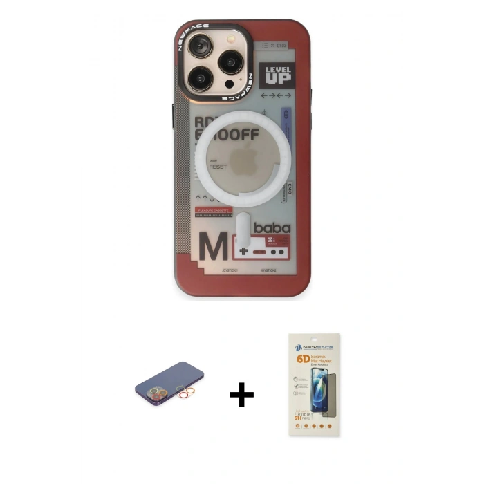 MARSİLYAN™- iPhone 13 Pro Max Kılıf Siluet Modern Koleksiyonu - Siyah 6D Mat Seramik Hayalet Nano Ekran Koruyucu + Turuncu Renkli Kamera Lens Koruma Cam