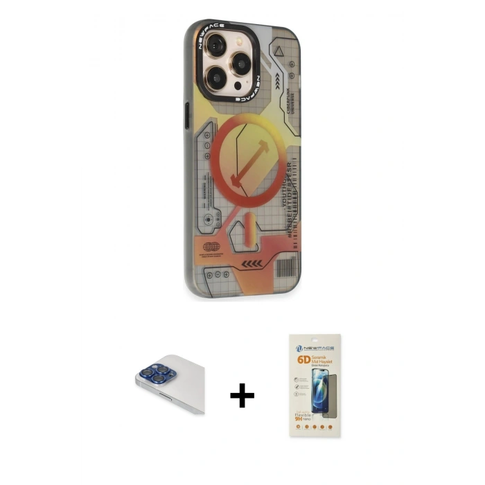 MARSİLYAN™- iPhone 13 Pro Max Kılıf Siluet Modern Koleksiyonu - Siyah 6D Mat Seramik Hayalet Nano Ekran Koruyucu + Lacivert Pers Alüminyum Kamera Lens
