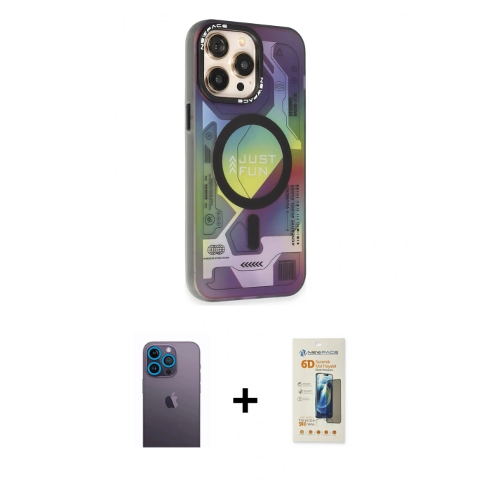 MARSİLYAN™- iPhone 13 Pro Max Kılıf Siluet Modern Koleksiyonu - Siyah 6D Mat Seramik Hayalet Nano Ekran Koruyucu + Neon Fosforlu Kamera Lens - MI
