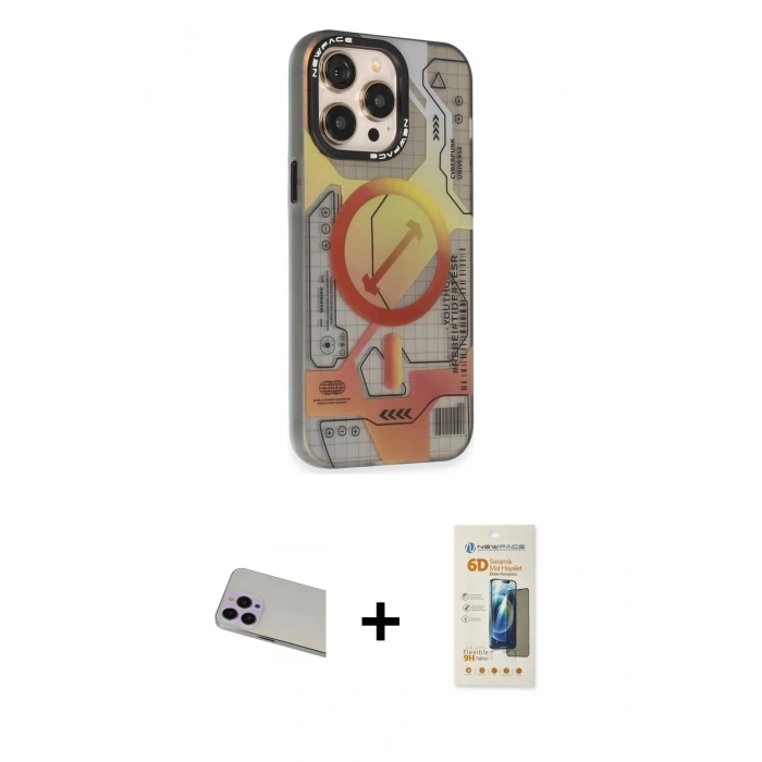 MARSİLYAN™- iPhone 13 Pro Max Kılıf Siluet Modern Koleksiyonu - Siyah 6D Mat Seramik Hayalet Nano Ekran Koruyucu + Mor Rainbow Kamera Lens Koruma Cam