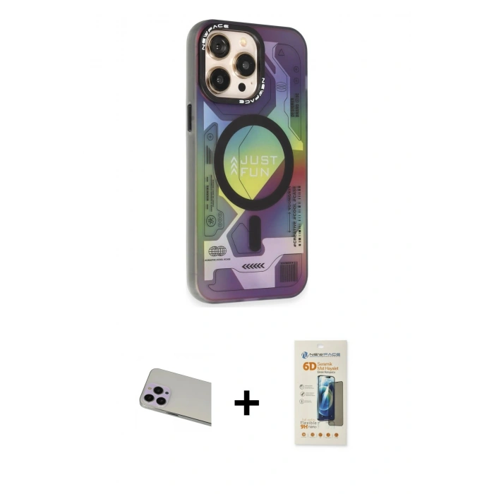 MARSİLYAN™- iPhone 13 Pro Max Kılıf Siluet Modern Koleksiyonu - Siyah 6D Mat Seramik Hayalet Nano Ekran Koruyucu + Mor Rainbow Kamera Lens Koruma Cam