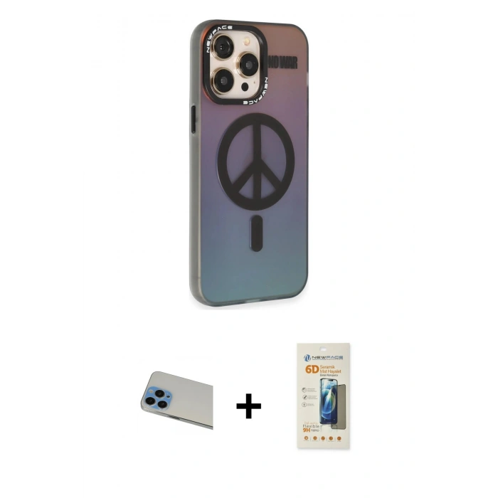 MARSİLYAN™- iPhone 13 Pro Max Kılıf Siluet Modern Koleksiyonu - Siyah 6D Mat Seramik Hayalet Nano Ekran Koruyucu + Rainbow Kamera Lens Koruma Cam - MI